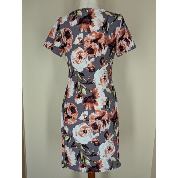 Hello Miz Maternity Medium Bodycon Dress Gray Pink Floral Stretch Side Ruching - Picture 3 of 7